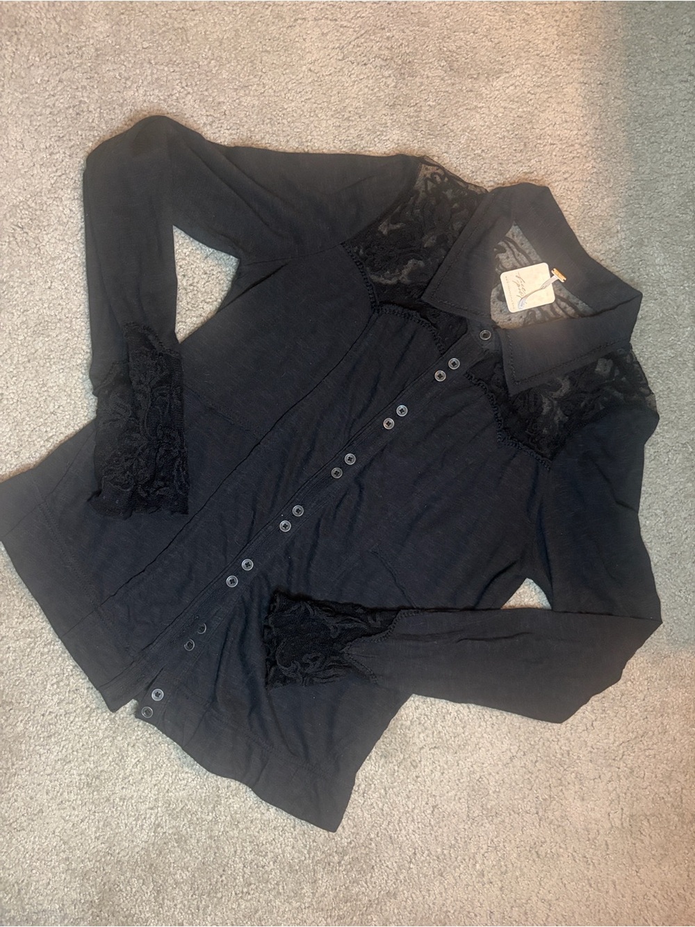 NWT Free People Black Lace-Trim Button-Down Shirt